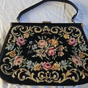 Vintage Floral Embroidered Black Handbag